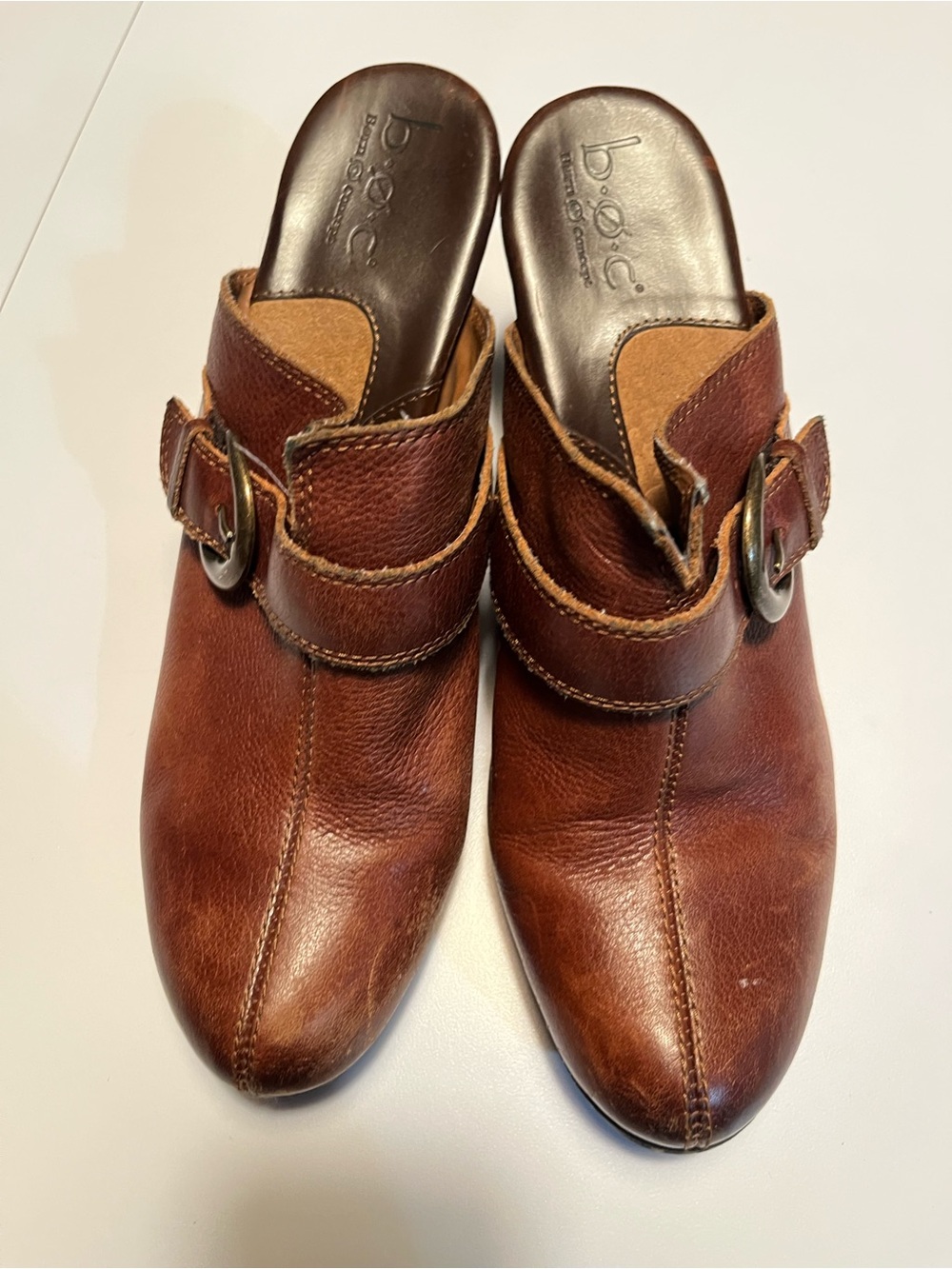 2 SAME FIT PAIRS TOGETHER (optional)! b.o.c. Brown + Tan Leather Clogs w/ Buckle